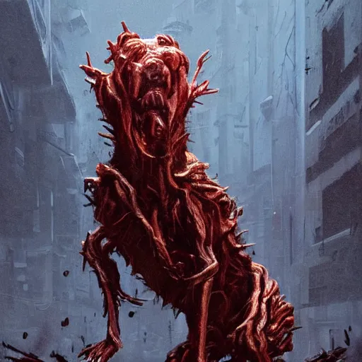 Image similar to concept art by greg rutkowski, dog - shaped monster made of twisted meat and reddish ooze, roaming the colony, looking rabid, in a claustrophobic, futuristic and brutalist environment, frightening and creepy atmosphere, scifi, highly detailed portrait, digital painting, artstation, concept art, smooth, sharp foccus ilustration, artstation hq