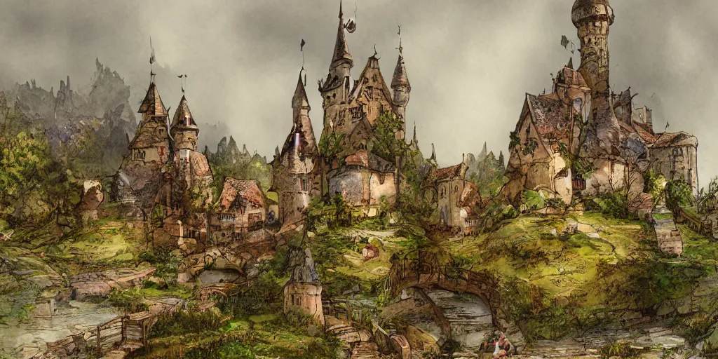 Prompt: beautiful colorful whimsical storybook style full page antique ornate lithograph of landscape with a medieval gothic castle and a medieval village in a valley, by Jean-Baptiste Monge, post processing, painterly, book illustration watercolor granular splatter dripping paper texture. Trending on artstation, post processing, pen and ink work. sharp focus