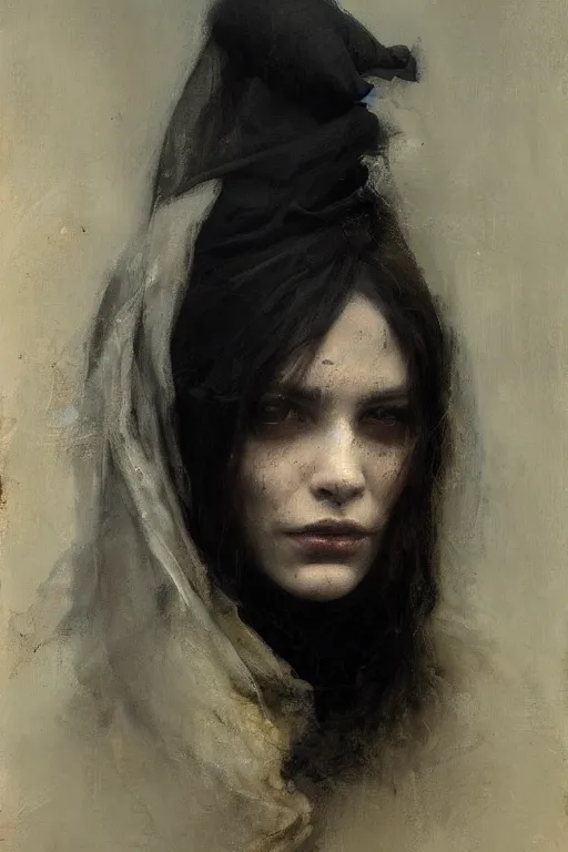 Image similar to Richard Schmid and Jeremy Lipking and Roberto Ferri full length portrait painting of a young beautiful evil fantasy priestess covered head in black except for face