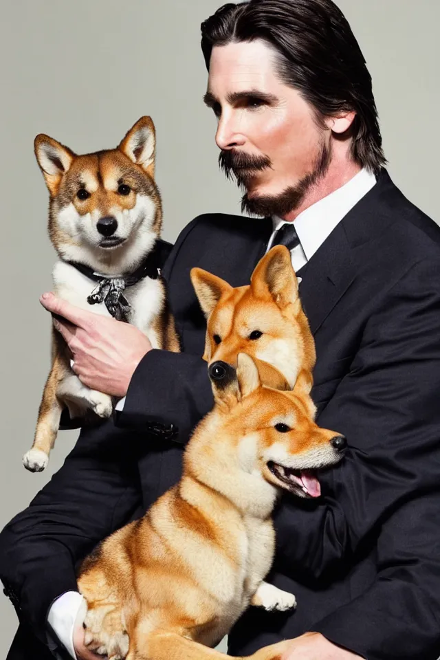 Image similar to a highly detailed portrait of a cleanly - shaven christian bale in a suit with slicked back hair, holding a shiba inu in his arms, hyperrealistic, highly detailed, 8 k, canon 2 4 mm f / 1. 4 lens,