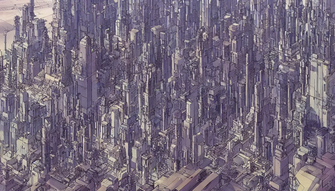 Image similar to futuristic city by moebius