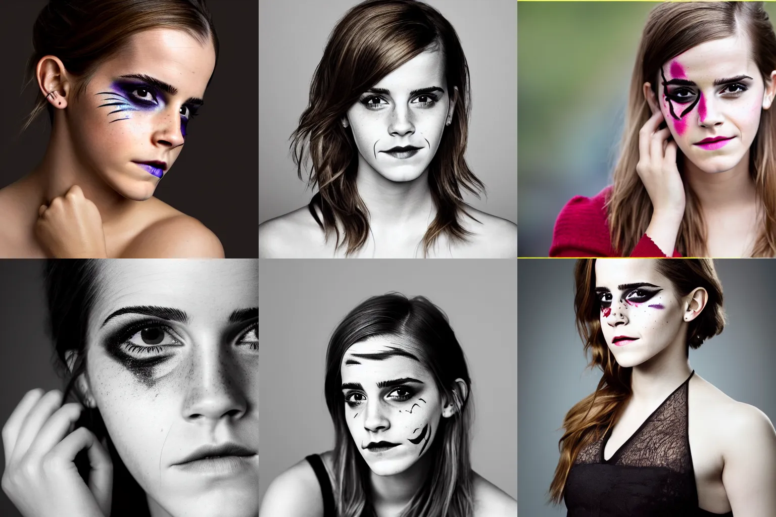 Prompt: Emma Watson with facepaint headshot, 200mm, canon, f/22