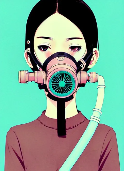 Image similar to singular girl with wearing gas mask, very anime!!! anime!! intricate details, aesthetically pleasing pastel colors, poster background, art by conrad roset and ilya kuvshinov