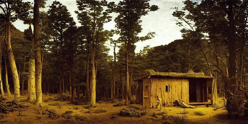 Image similar to An overgrown wood cabin in the middle of a desert, painting by Caspar David Friedrich, Caravaggio, highly detailed,