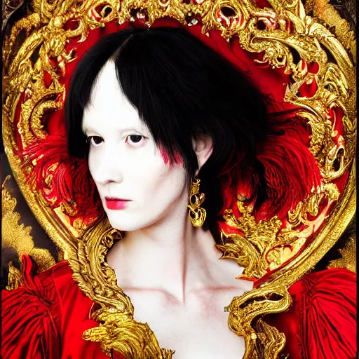 Image similar to portrait of a red sorcerer, sharp focus, black hair, baroque, rococo, highly detailed, intricate, bird mask, white, regal clothing, gold ethereal light, high fantasy