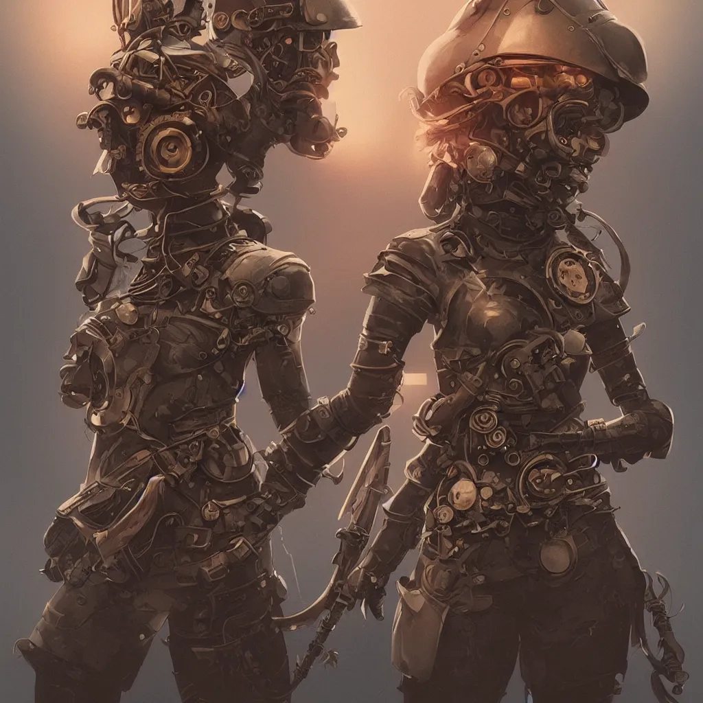 Image similar to steampunk helmet, female warrior, sharp focus, highly detailed, james gilleard, ralph mcquarrie, print, game art