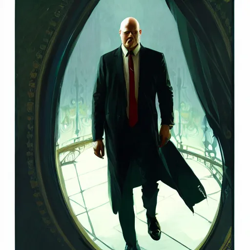 Prompt: Agent 47 in a scene from friends, artstation, concept art, smooth, sharp focus, illustration, art by and greg rutkowski and alphonse mucha