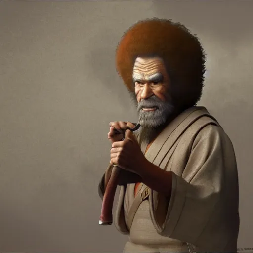 Image similar to an ultra detailed matte painting of bob ross smoking a pipe and dressed as a wandering samurai, edo japan, concept art by jeong seon and greg rutkowski, octane render, 8 k, detailed face