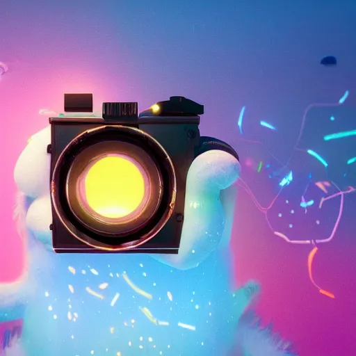 Prompt: cardboard camera, floating, extreme closeup, center frame, symmetric, rim light, marine microbiology, bioluminescence, electric, fur, soft, concept art, intricate details, highly detailed, colorful, photorealistic, disney pixar, octane render, iridescent, anime, 8 k