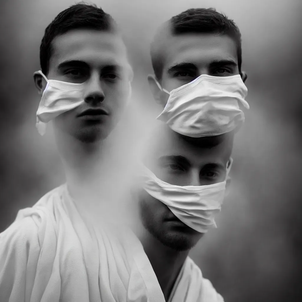 Image similar to Extreme Close-Up (ECU) vintage black and white portrait photo of a young man dressing in white robes wearing white masks in the field, cinematic lighting, cinematic composition, cinematic atmosphere, misty foggy. Vogue photography Sigma 85mm f/5-6.3 lens, portrait winning photograph.