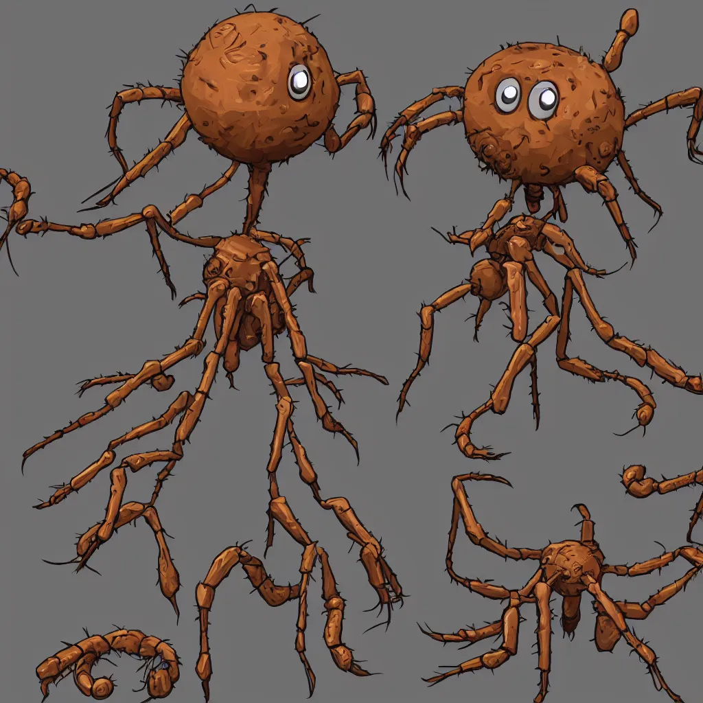 Prompt: cartoon beholder with spider legs game asset