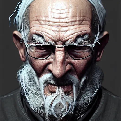 Image similar to an old man with thick cobwebs covering his face, detailed, realistic, unreal engine, cgsociety, by wlop and artgerm