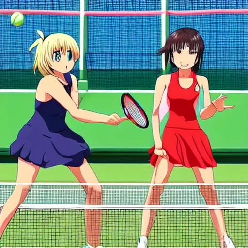 Prompt: two anime girls playing tennis
