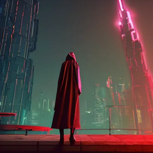 Prompt: a tall, skinny robot wearing a dark flowing robe and a hood, standing and staring out over a tall cliff, a futuristic city in the background, glowing neon lights, cyberpunk, 8 k, unreal engine render, highly detailed