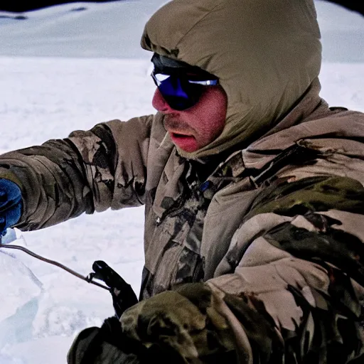 Image similar to filmic extreme close up shot movie still 4 k uhd interior 3 5 mm film color photograph of a scientist attacking a camouflaged solder in a lab in antarctica by grabbing him with his claw