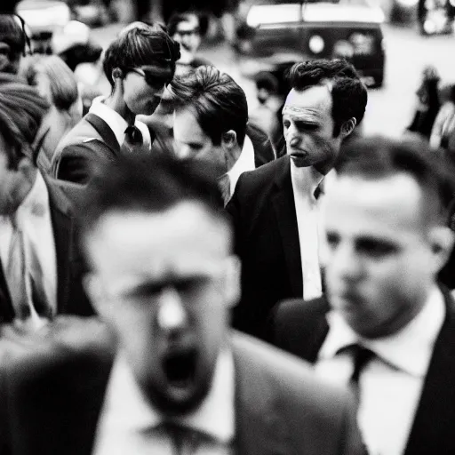 Image similar to Alex jones being chased by men in suits, scared, anxiety, paranoia, photo, 35mm, black and white