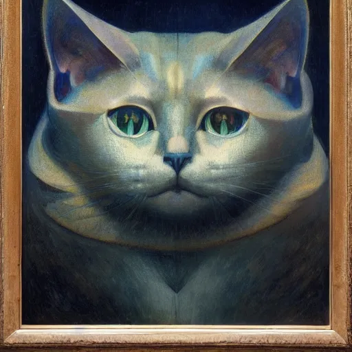 Prompt: masterpiece painting of a mechanical cat head, by annie swynnerton and diego rivera and nicholas roerich and jean delville, symbolist, dramatic lighting, god rays, elaborate geometric ornament, art brut, rich colors, smooth, sharp focus, extremely detailed, adolf wolfli and ( donato giancola )