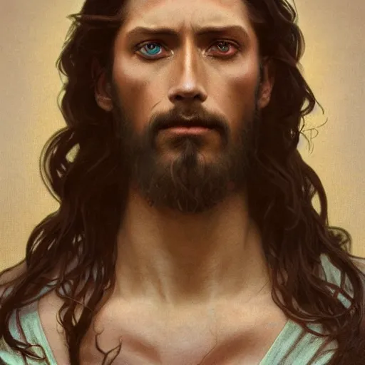 Image similar to surrealist painting of jesus with the head of a lizard, close up, surrealist, intricate, elegant, highly detailed, digital painting, artstation, concept art, smooth, sharp focus, illustration, art by greg rutkowski and alphonse mucha