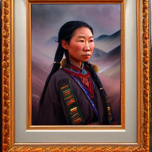 Image similar to portrait of an atayal woman ( 3 5 ) from taiwan in 2 0 2 1, an oil painting by ross tran and thomas kincade