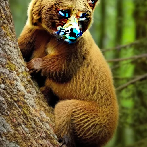Prompt: vibrant, beautiful, award - winning, of a bear holding a frog. daytime, sun light, forest, natural light, outdoors, long shot, wide shot, full shot,