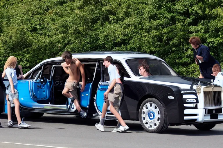 Image similar to Group of teenagers push Rolls-Royce into lake