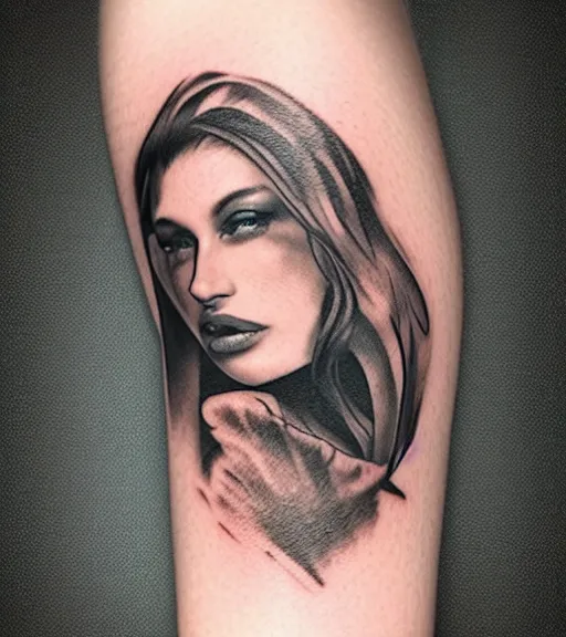 Image similar to tattoo design sketch of a beautiful woman face with a stunning mountains faded background on her side, hyper - realistic, double exposure, in the style of matteo pasqualin, amazing detail, black and white, faded