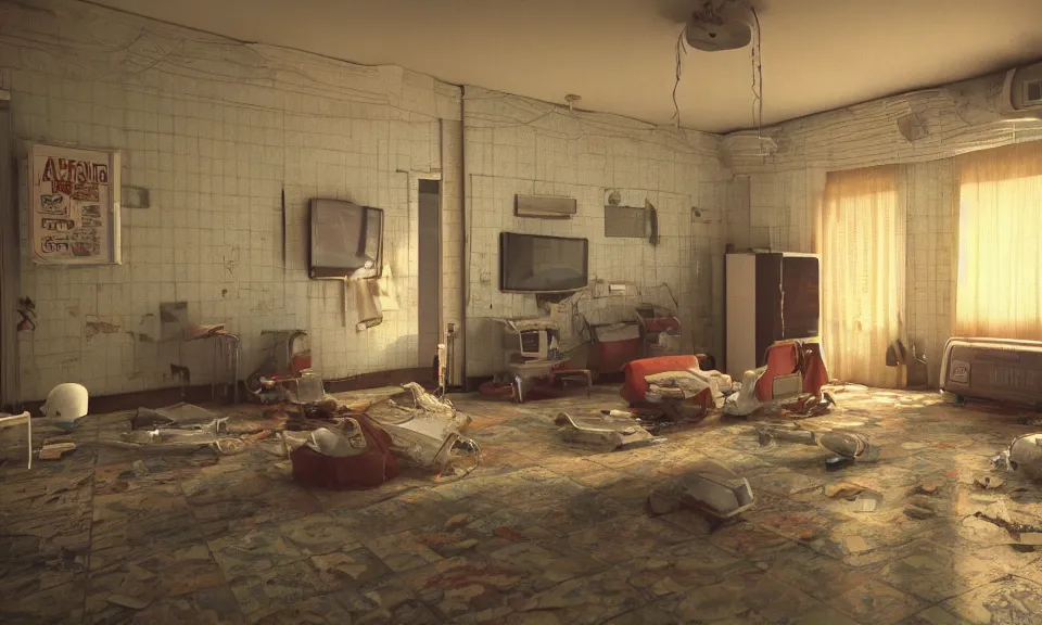 Image similar to artstation scifi scene of a shabby american room in 1 9 7 0 s, shabby room, old tv, tile floor, cabinets, cot, paneled walls, unreal engine 5, hyper realism, realistic shading, cinematic composition, blender render, octane render, hdr, detailed textures, photorealistic, wide shot