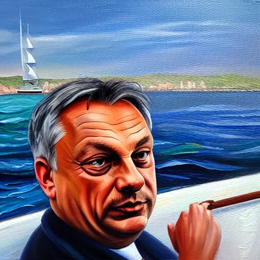 Image similar to viktor orban sailing a yacht, oil painting