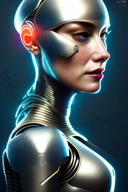 Image similar to portrait of ultra realistic, beautiful cyborg woman, metahuman, sci-fi, fantasy, cyberpunk, intricate, elegant, highly detailed, digital painting, octane render, artstation, concept art, smooth, sharp focus, eerie, illustration, 8k, HD, art by artgerm and giger and alphonse mucha