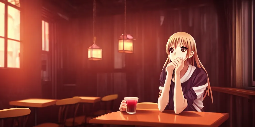 Prompt: anime girl sitting and drinking in a cozy bar, 5, volumetric lighting, symmetrical face, detailed face, hyper real, pencil art, moody lighting, cute, comfy