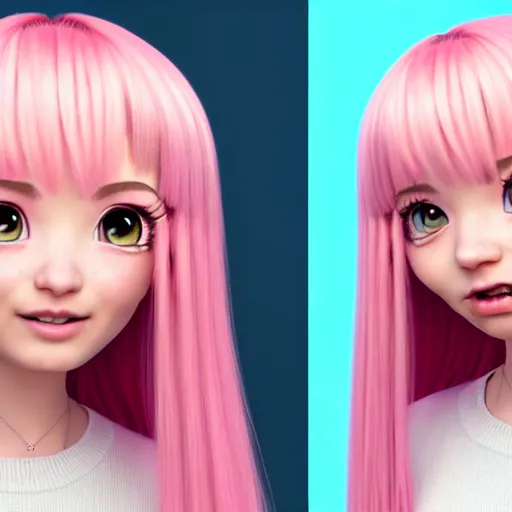 Image similar to A portrait of Nikki from Shining Nikki and Love, a cute 3d cgi toon young woman with long light pink hair, full bangs, hazel eyes, full face, light makeup, pale skin, Chinese heritage, cute outfit, medium shot, mid-shot, hyperdetailed, 8k, trending on artstation, as a Pixar character