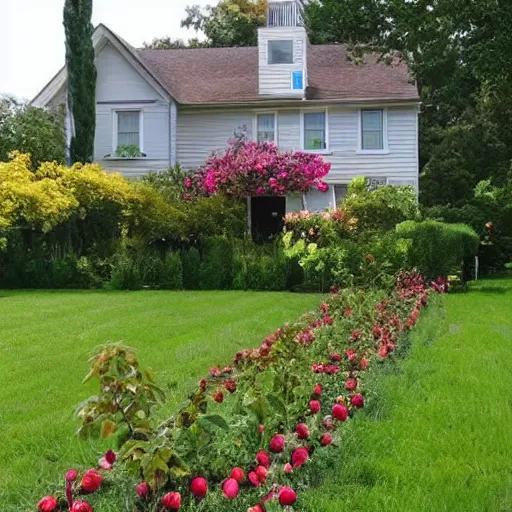 Image similar to A house with a large flower garden and two trees full of apples and pears, top post of all time on /r/curiousplaces subreddit