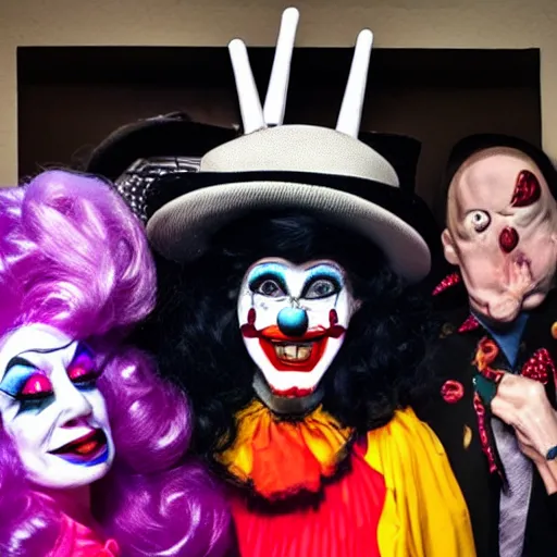 Prompt: a horror clown with evil face + drag queen + self lobotomy