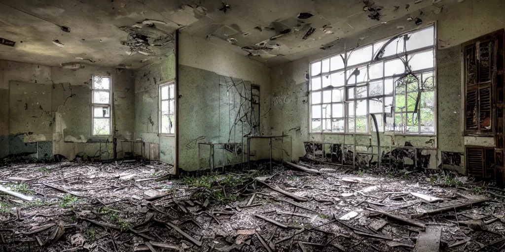 Prompt: abandoned school, overgrown, dystopian, run-down 8k