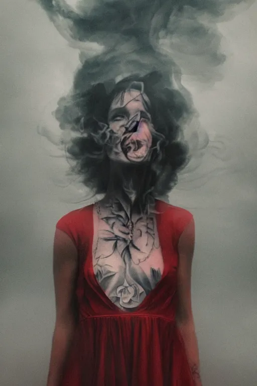 Prompt: tattooed beautiful cult girl smoke swirling and smiling, red dress, symmetric, dark, moody, eerie religious composition, photorealistic oil painting, post modernist layering, by Sean Yoro