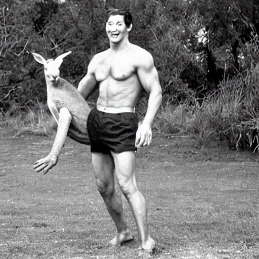 Prompt: jim varney shirtless boxing a kangaroo circa 1 9 6 0 s vintage photo