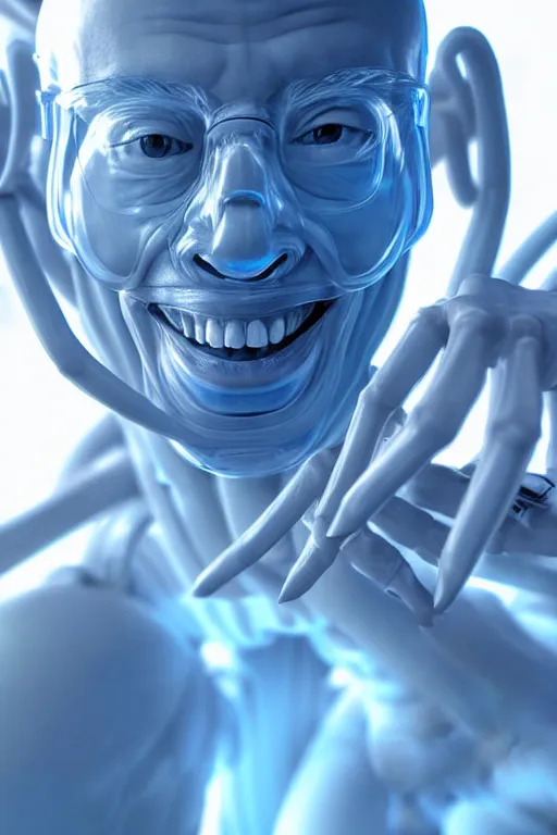 Image similar to hyperrealistic close-up translucent exoskeleton!! smiling chinese man covered highly detailed concept art eric zener elson peter cinematic side soft blue light high angle hd 8k sharp shallow depth of field