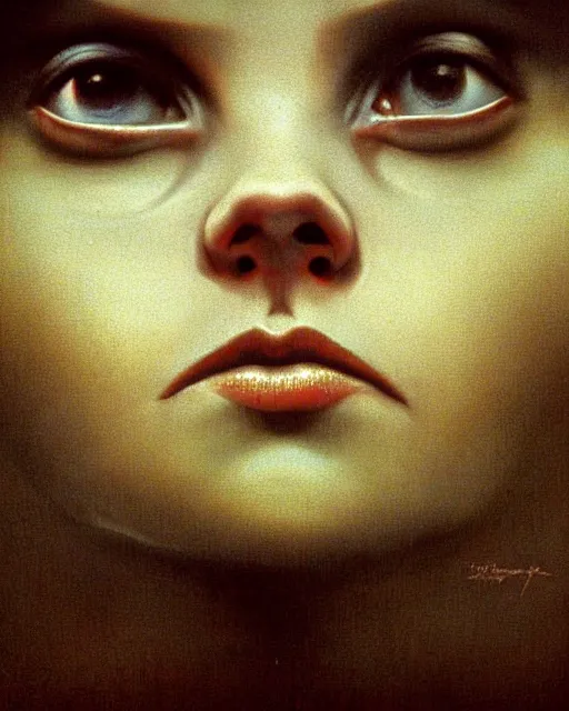 Image similar to Christina Ricci, portrait, close-up, deep focus, dramatic lighting, highly detailed, in the style of Zdzislaw Beksinski