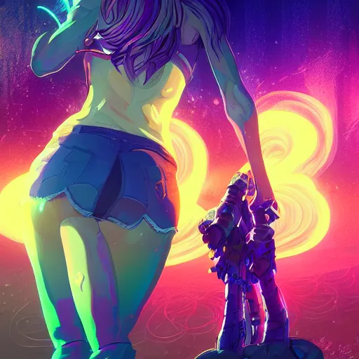 Image similar to skill magic deepdream guard girl from the back radiating a glowing aura stuff loot legends video game artstation lois van baarle, ilya kuvshinov, rossdraws,