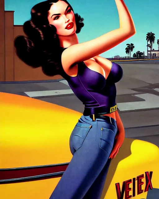 Image similar to gta v, low angle shot, beautiful retro space megan fox varga girl posing on a car in diesel punk city, windblown dark hair, retro pinup model, seductive, 1 9 4 0, hyper detailed, digital art, smooth, sharp focus, gil elvgren, anna dittmann alberto vargas,