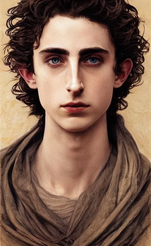 Image similar to beautiful paul atreides timothee chalamet with a three day beard, emperor of the known universe, completely blue eyes, perfect dramatic and dark portrait insanely detailed, concept art, deep focus, intricate, highly detailed, digital painting, artstation, matte, sharp focus, illustration, art by greg rutkowski and alphonse mucha, low angle, dominant eye