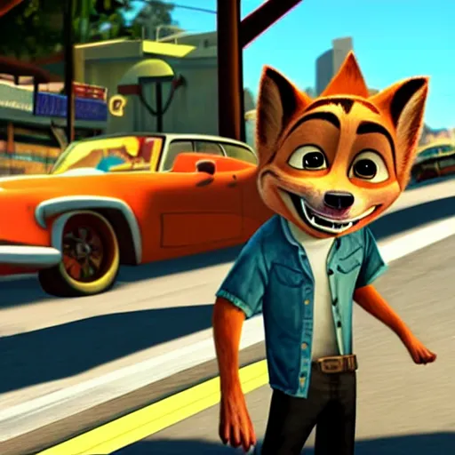 Image similar to Screenshot of the original Grand Theft Auto: San Andreas featuring Nick Wilde (from Zootopia)