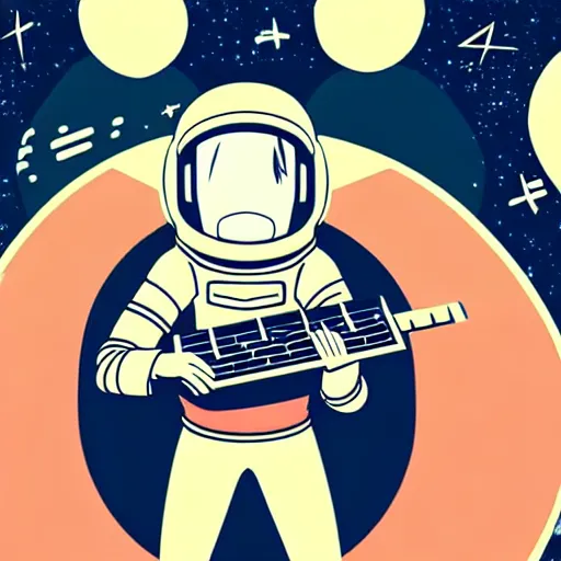 Image similar to anime astronaut with headphone playing keyboard in the space only wallpaper aesthetic, vintage retro colors, beautiful