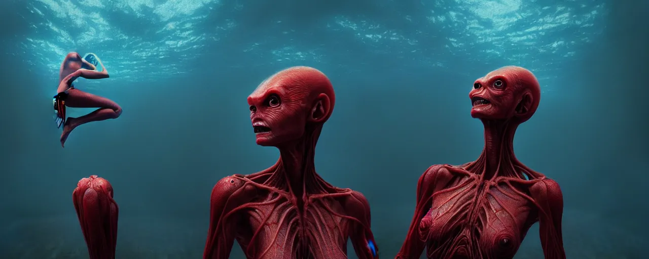 Image similar to ultra realistic horror photo of a dimly lit red female alien creature underwater, very intricate details, focus, full frame image, curvy, model pose, artwork by tooth wu and wlop and beeple and greg rutkowski, award winning