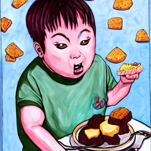 Prompt: painting of a chubby boy eating a delicious cholocate chunks cookies, buzz cut, junji ito