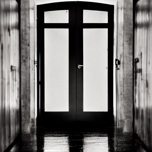 Image similar to foreboding door at the end of a dark hotel hallway, creepy, eerie, surreal, liminal,