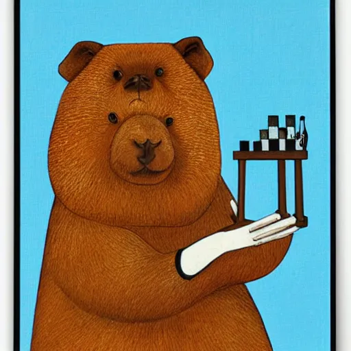 Image similar to capybara holding a chess pawn, by romero brito