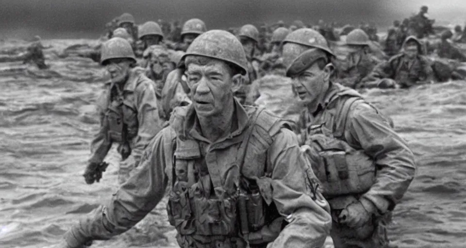 Prompt: Film still of Ian McKellan as a soldier storming beaches of Normandy in Saving Private Ryan