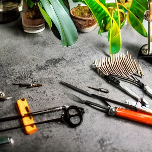 Prompt: A close-up shot of a metal table with laboratory tools and materials in an abandoned biopunk laboratory, plants everywhere, jungle themed, monstera, life,