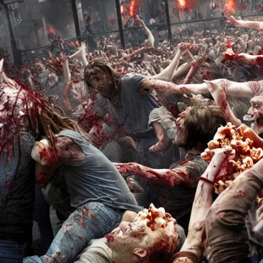 Image similar to world war z wave of zombies but the zombies are popcorn. the popcorn is overwhelming barricades as people try to stop the wave of popcorn